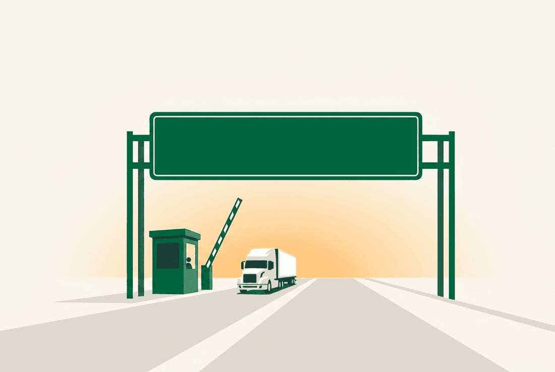 A toll booth with its barrier raised over an open highway — nothing blocking the road